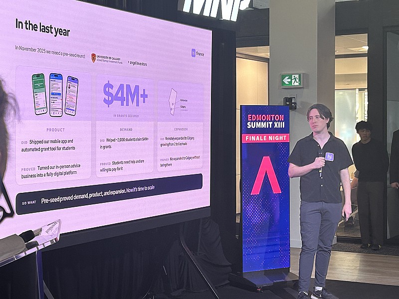 Mike Lyons, Co-Founder and CTO of Hi Finance, pitches at Startup TNT Summit 13 · Edmonton Unlimited